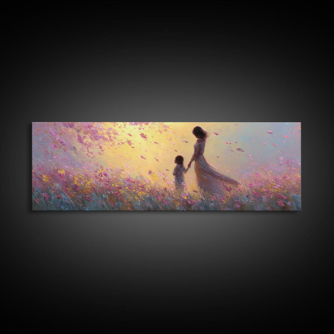 Mother And Child Walking Through Pink Petal Meadow Canvas Print, Feminine Wall Art, Nursery Decor, Gift For Her, Home Decor