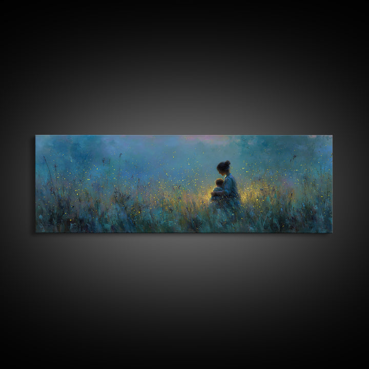 Twilight Mother Holding Baby Among Fireflies Canvas Print, Blue Nursery Wall Art, Calming Cozy Bedroom Decor, Gift For Mom