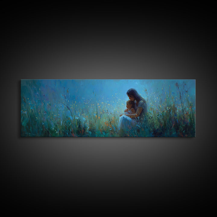 Moonlit Mother And Child Sitting In Blue Meadow Framed Canvas Print, Celestial Wall Art, Nursery Decor, Gift For Mom, Home Decor