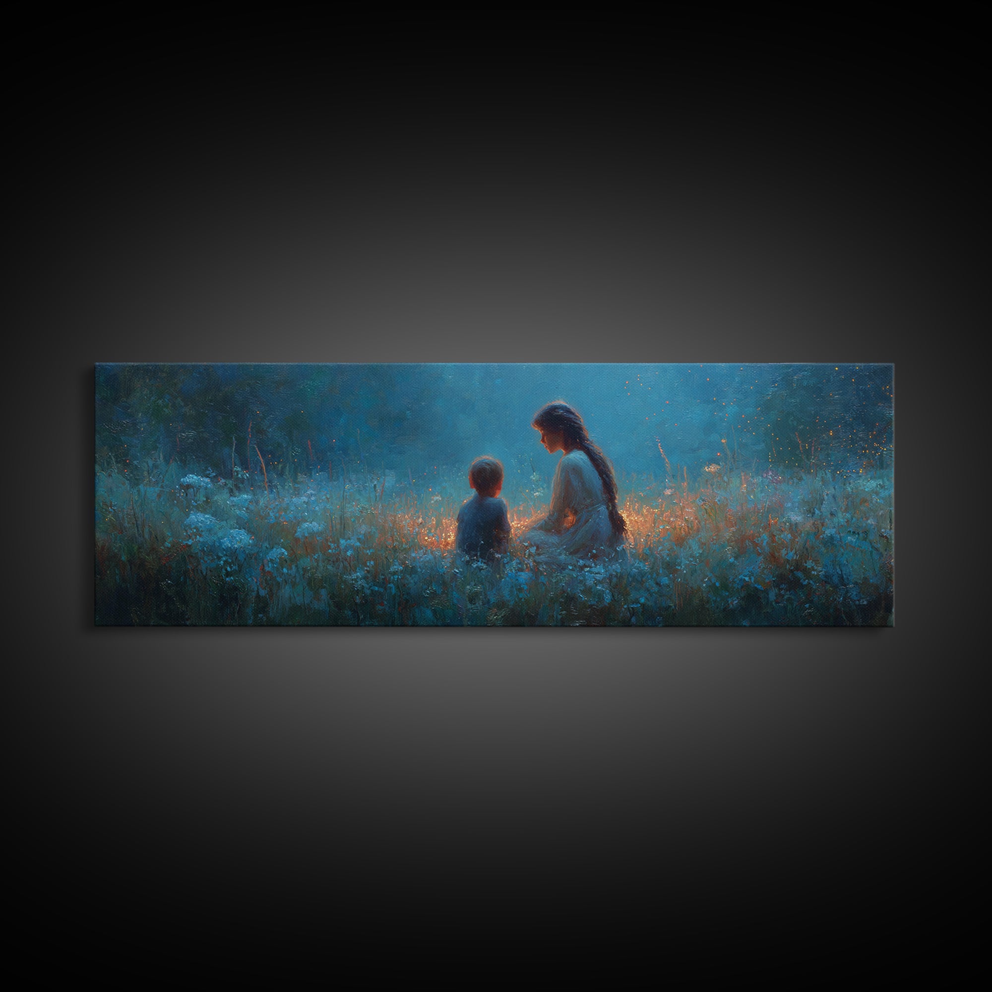 Blue Twilight Mother And Child In Wildflower Meadow Large Wall Art, Serene Nursery Decor, Christian Gift For Mom, Home Decor