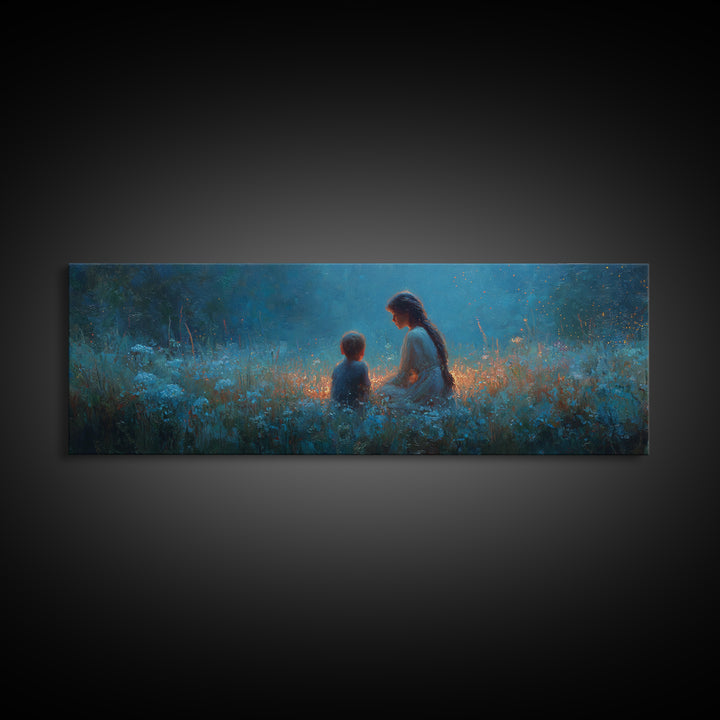 Blue Twilight Mother And Child In Wildflower Meadow Large Wall Art, Serene Nursery Decor, Christian Gift For Mom, Home Decor