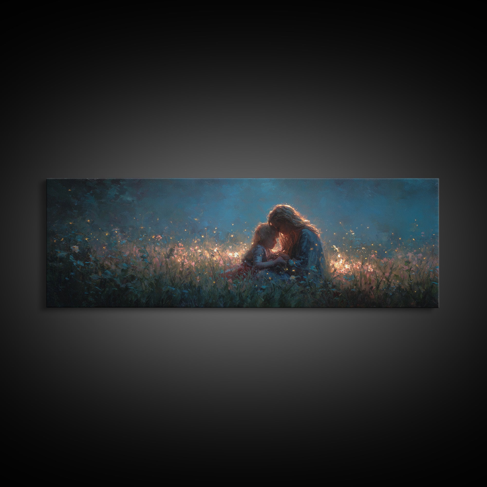 Twilight Mother And Child Wildflower Meadow Wall Art, Panoramic Canvas Print, Nursery Decor, Gift For Her, Above Bed Art