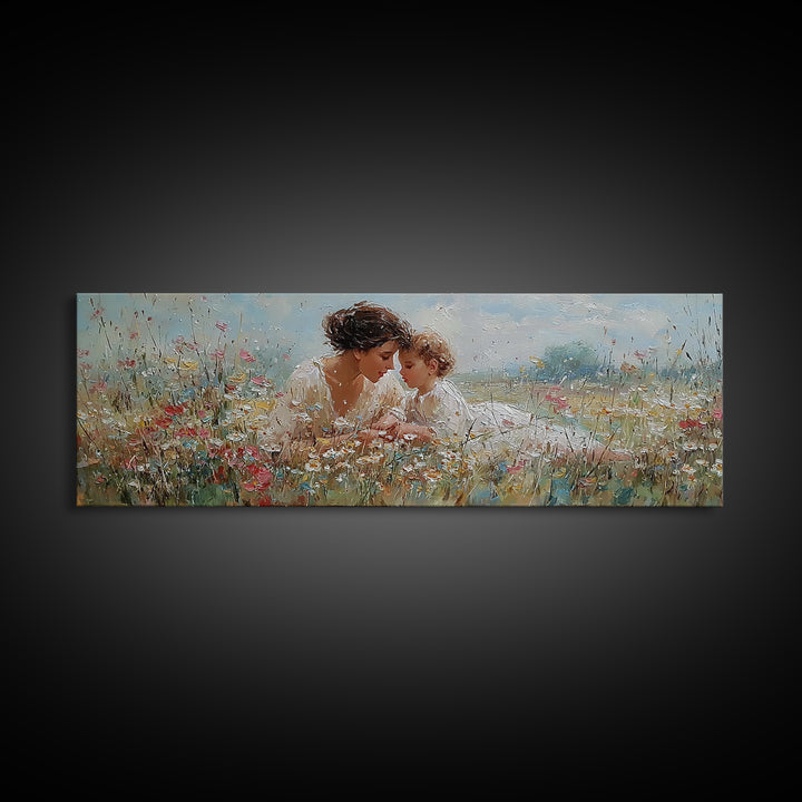 Mother And Baby In Blooming Garden Framed Canvas Print, Floral Wall Art, Nursery Decor, Gift For Mom, Living Room Wall Art