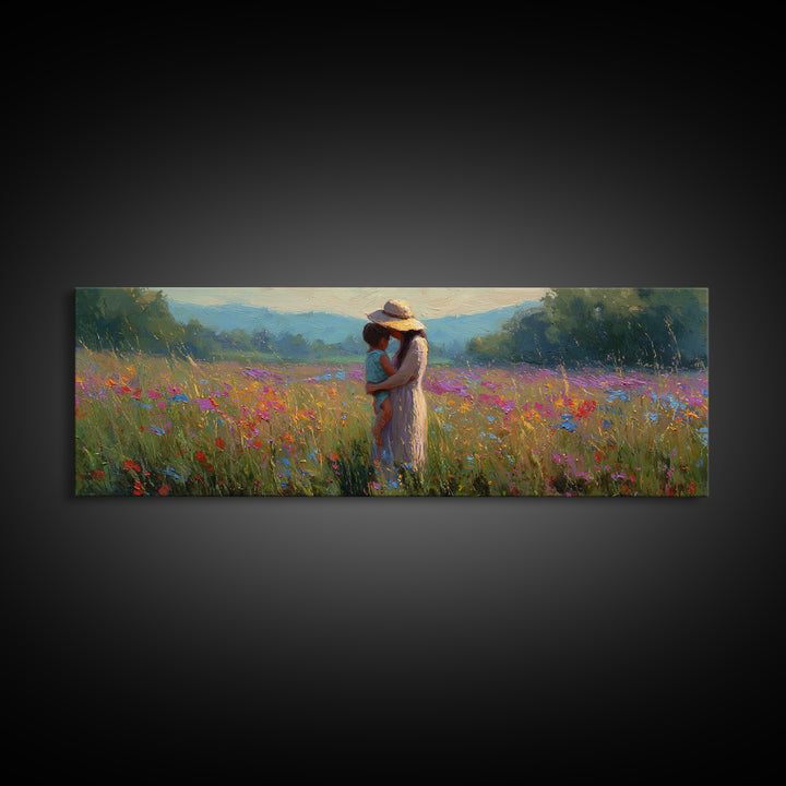 Mother And Child Embracing In Summer Meadow Wall Art, Colorful Canvas Print, Boho Wall Decor, Housewarming Gift, Bedroom Art