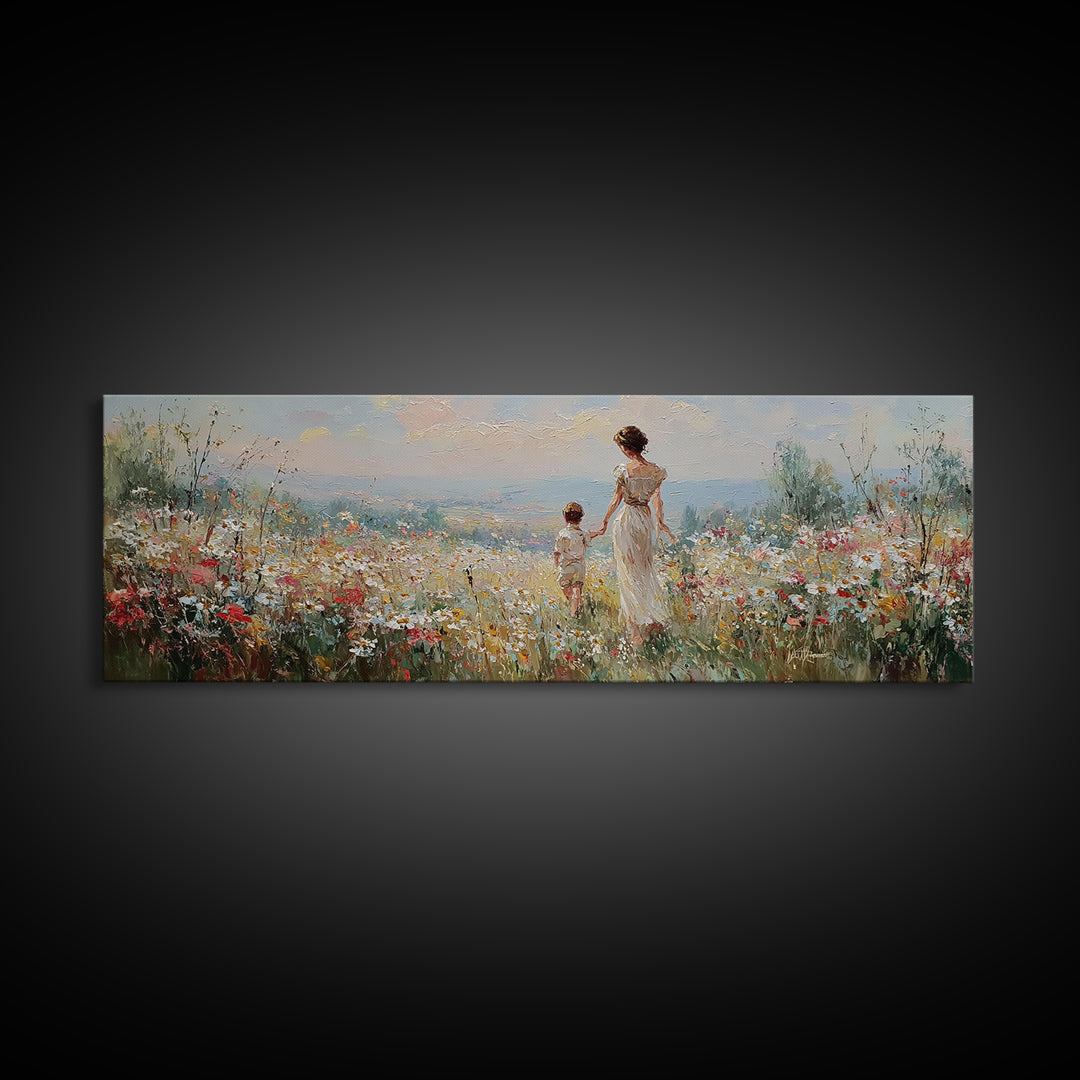 Mother And Child Walking Through Wildflower Meadow Wall Art, Panoramic Canvas Print, Coastal Decor, Nursery Art, Gift For Mom