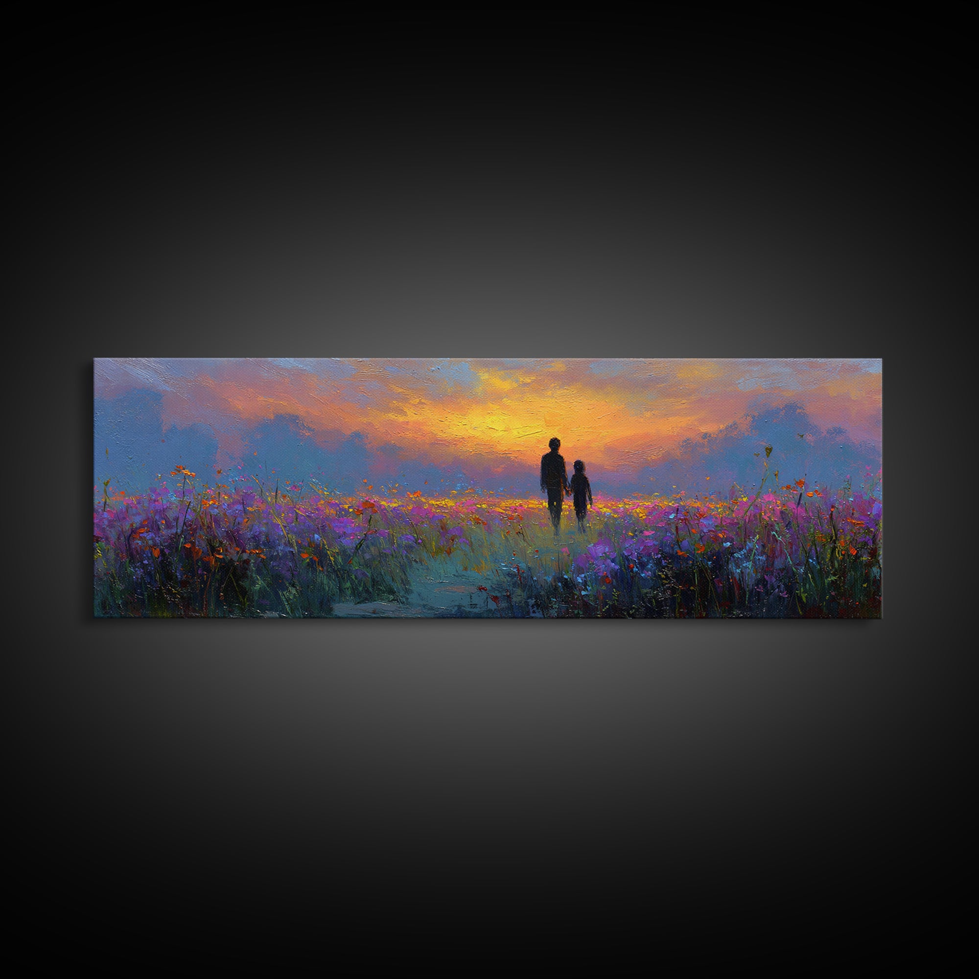 Father And Child Sunset Meadow Wall Art, Wildflower Landscape Canvas Print, Guardian Angel Gift, Nursery And Living Room Decor