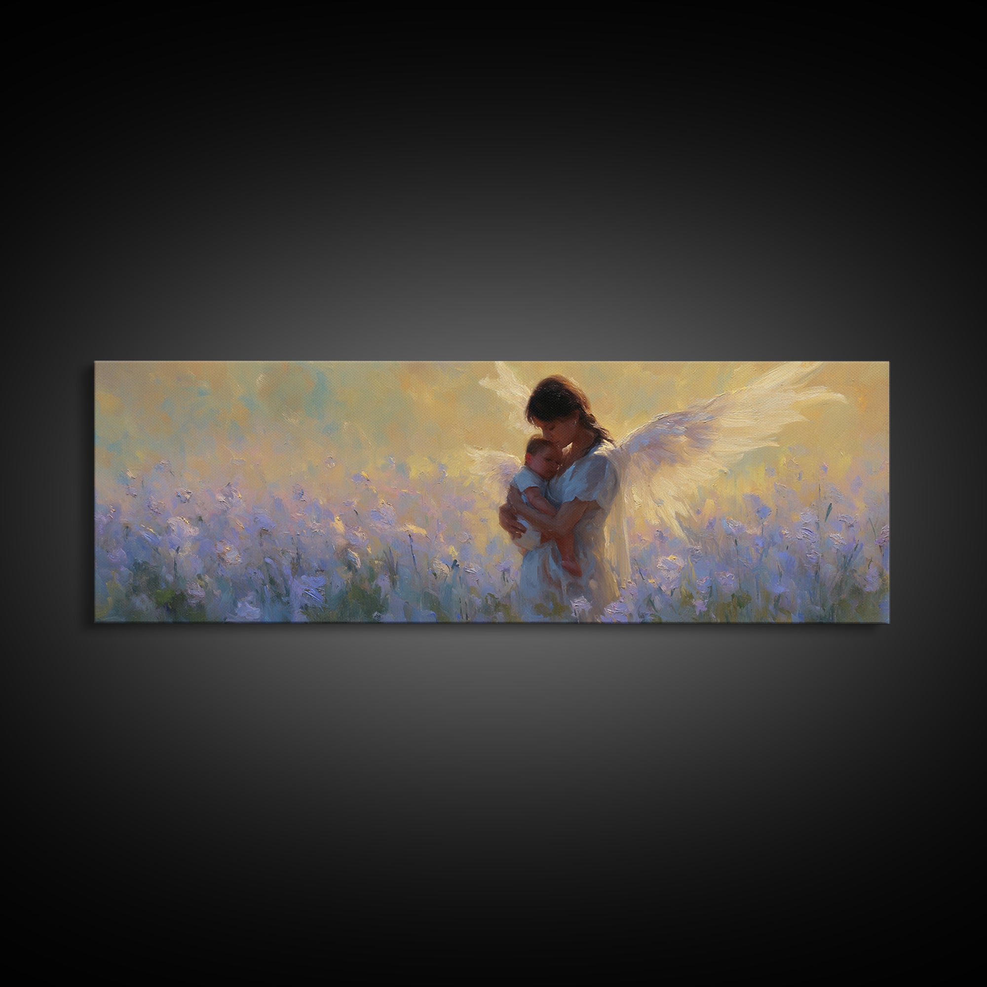 Guardian Angel Mother And Baby In Lavender Field Framed Canvas Print, Christian Wall Art, Nursery Decor, Gift For Mom, Home Decor