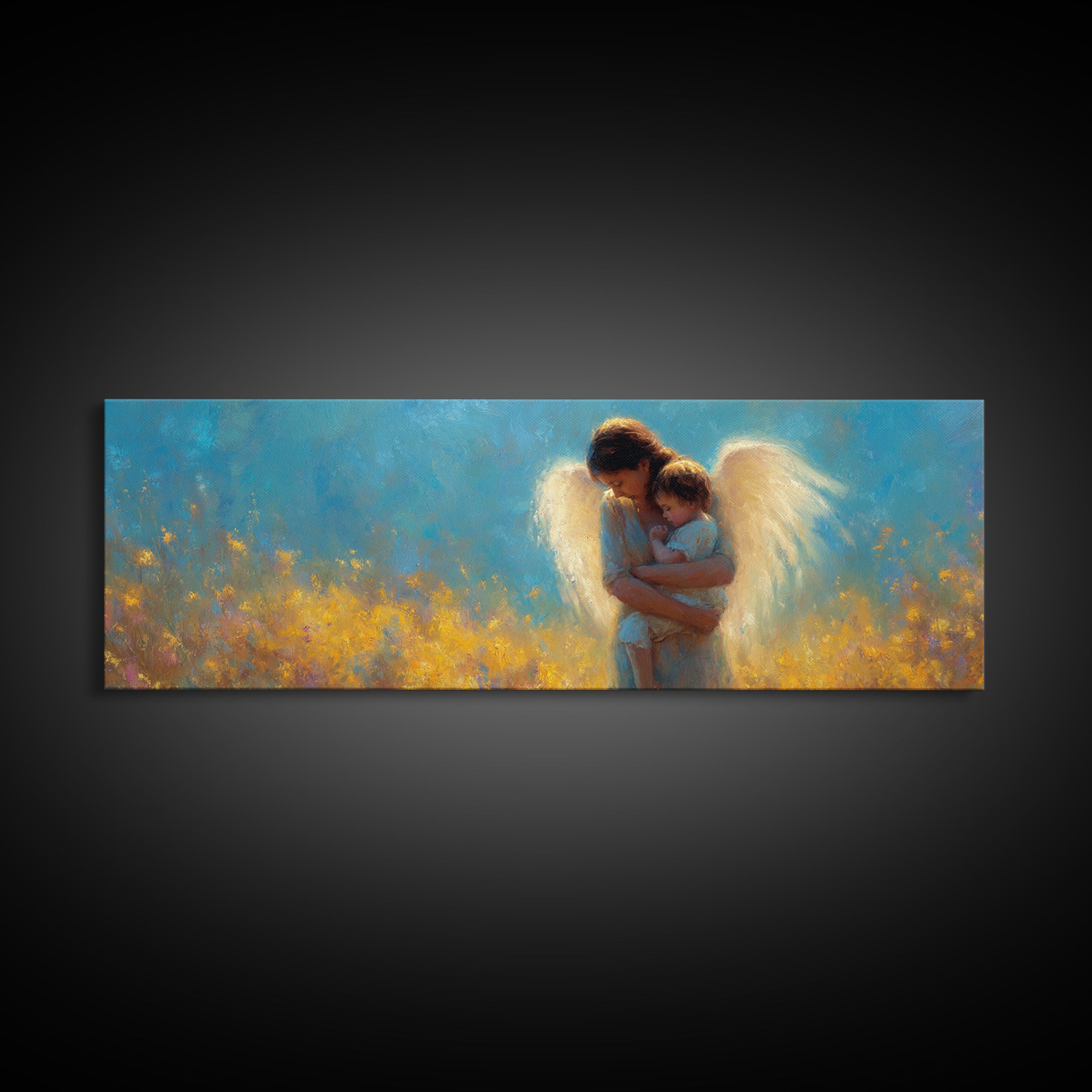Golden Guardian Angel With Child Canvas Print, Blue Sky Wildflower Wall Art, Christian Nursery Decor, Spiritual Gift For Mom