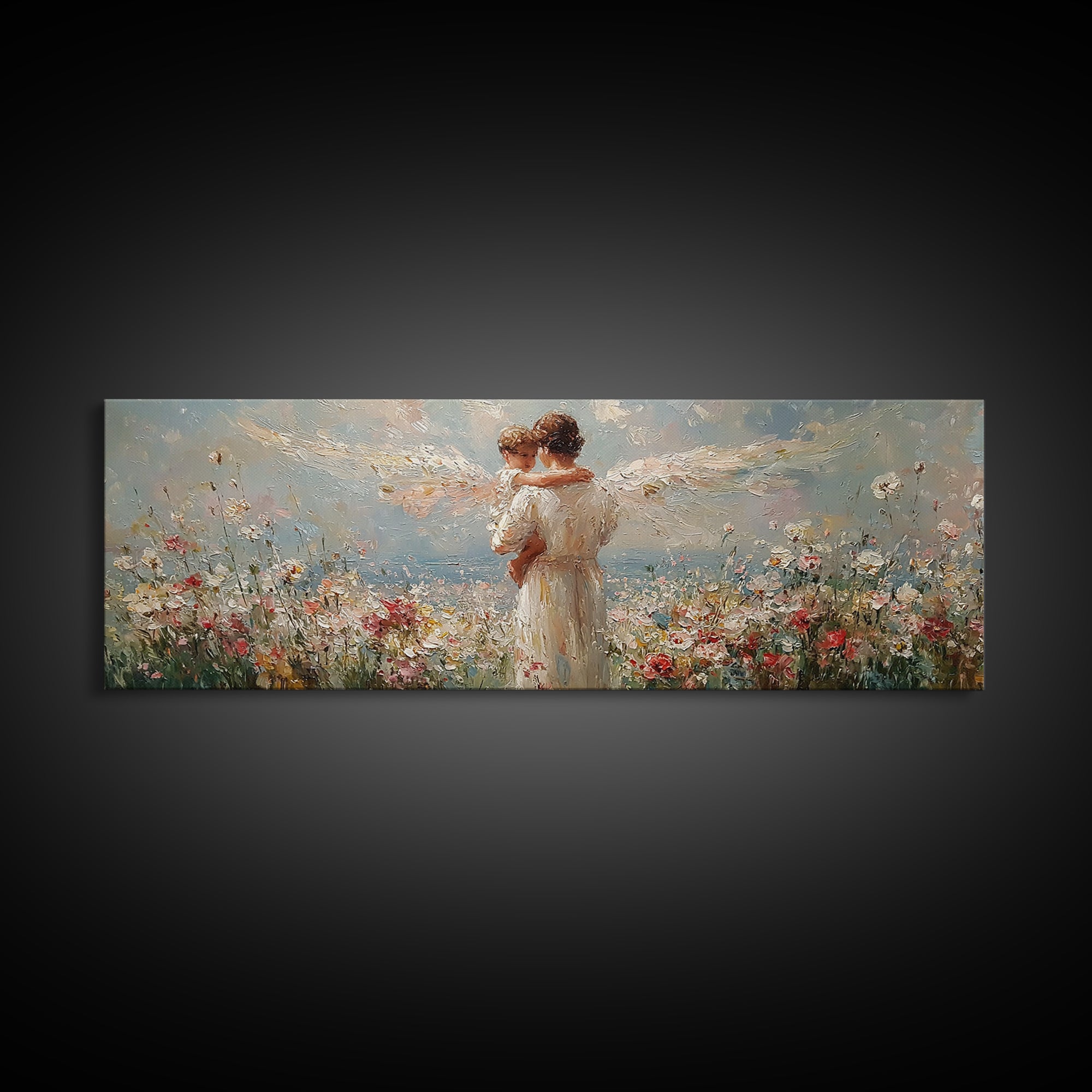 Angel Mother Embracing Child In Flower Garden Wall Art, Textured Oil Painting Framed Canvas Print, Christian Home Decor Gift