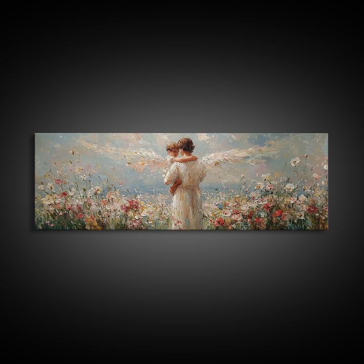 Angel Mother Embracing Child In Flower Garden Wall Art, Textured Oil Painting Framed Canvas Print, Christian Home Decor Gift