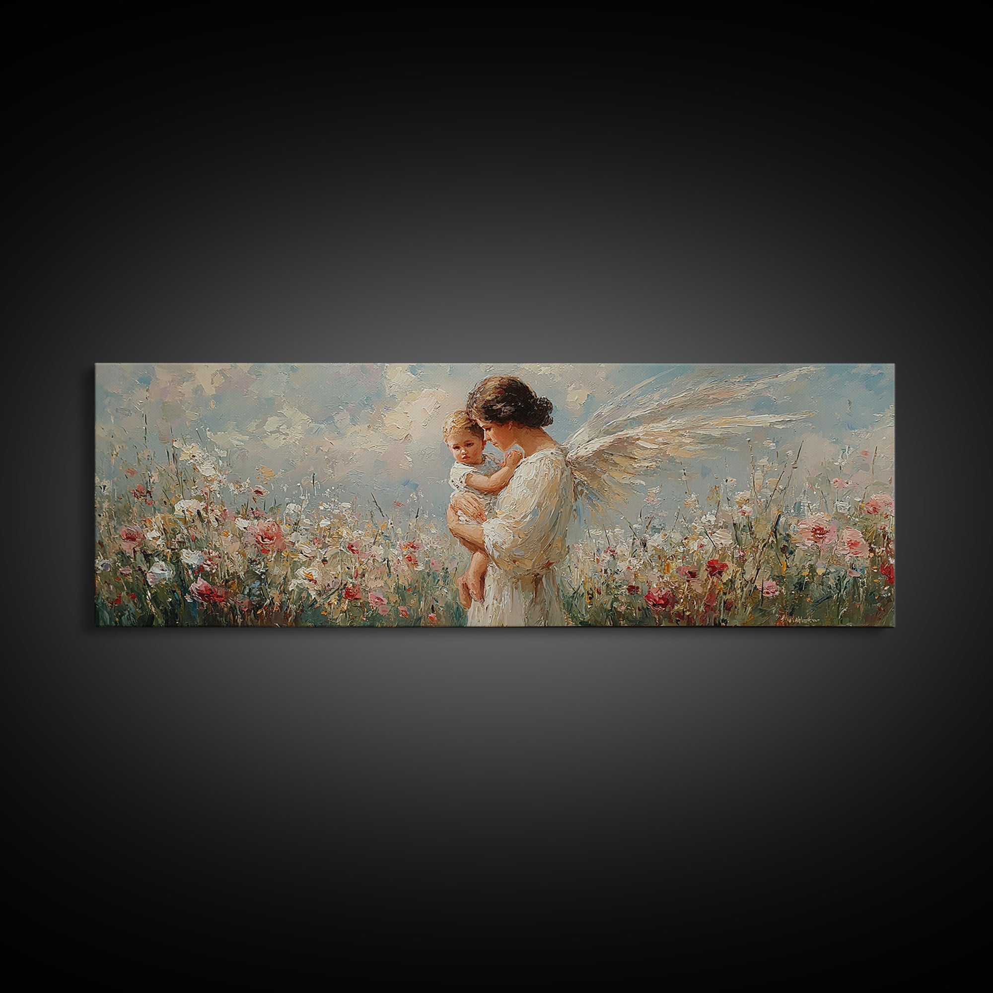 Angel Mother Holding Baby In Floral Meadow Canvas Print, Christian Wall Art, Guardian Angel Nursery Decor, Gift For Mom And Baby Shower Gift