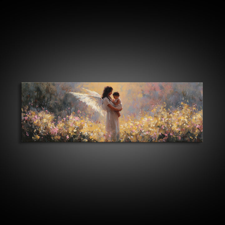 Glowing Angel Mother And Child In Flower Field Wall Art, Impressionist Framed Canvas Print, Christian Nursery Decor Gift