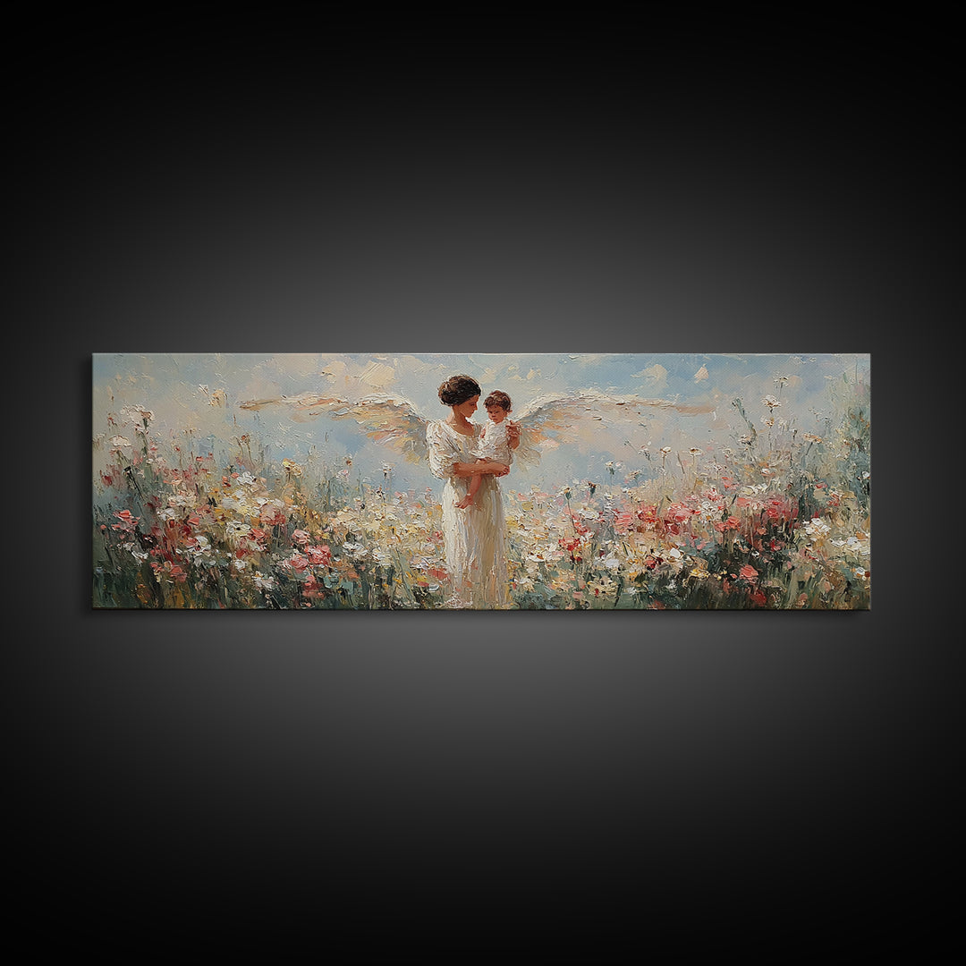 Angel Mother And Child Among White Flowers Framed Canvas Print, Christian Wall Art, Guardian Angel Nursery Decor, Gift For Mom