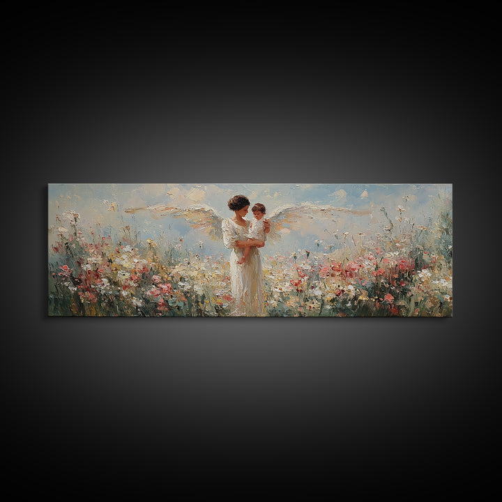 Angel Mother And Child Among White Flowers Framed Canvas Print, Christian Wall Art, Guardian Angel Nursery Decor, Gift For Mom