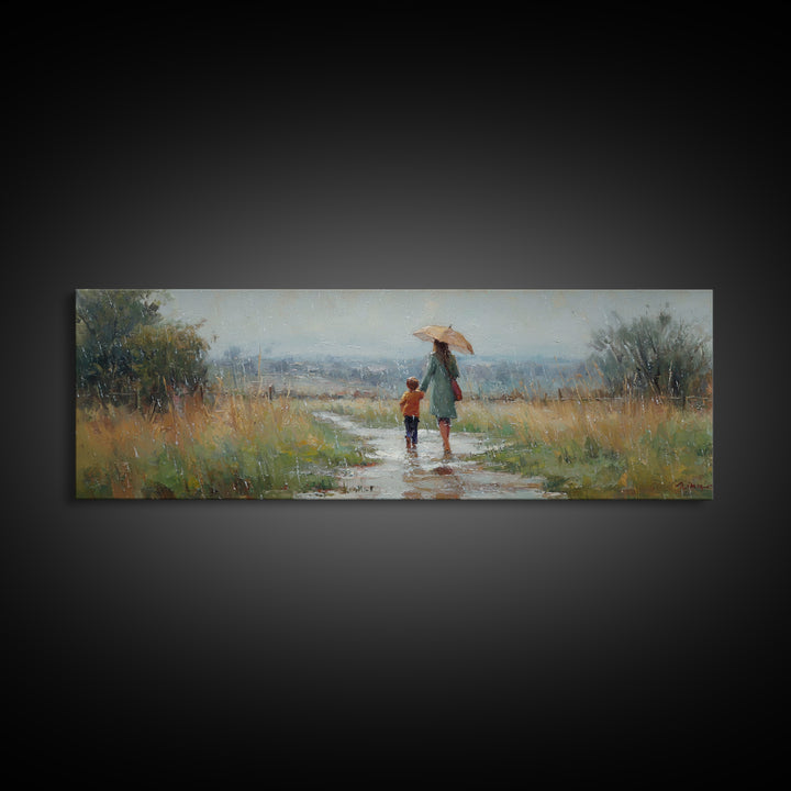 Mother And Child Walking In Rain Wall Art, Umbrella Country Path Landscape Canvas Print, Rustic Farmhouse Home Decor Gift