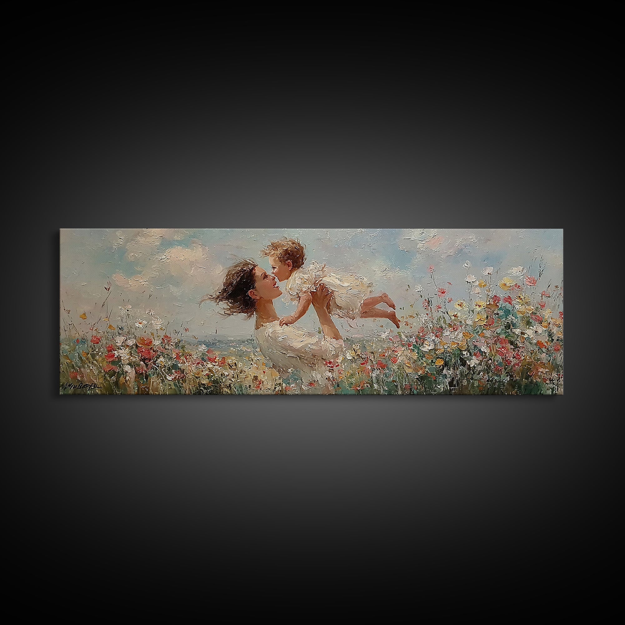 Mother And Baby In Wildflower Meadow Framed Canvas Print, Impressionist Nursery Wall Art, Gift For Mom, Bedroom Wall Decor