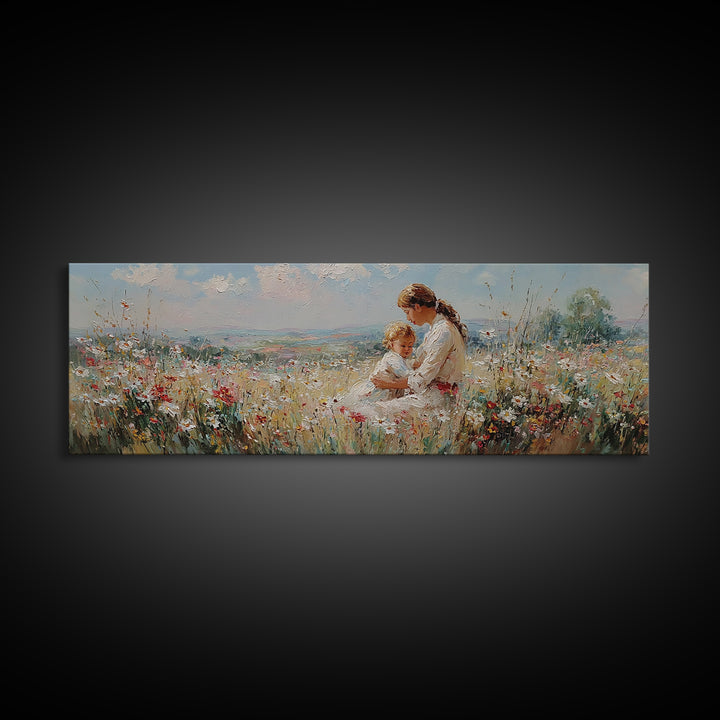 Mother And Toddler In Sunny Wildflower Meadow Framed Canvas Print, Impressionist Wall Art, Nursery Decor, Gift For Mom, Home Decor