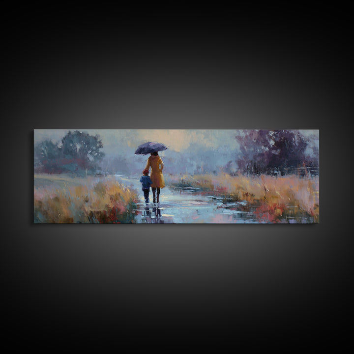 Mother And Child Walking In Rain With Blue Umbrella Framed Canvas Print, Moody Landscape Wall Art, Office Decor, Housewarming Gift