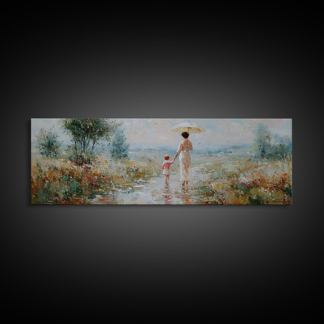 Mother And Child Strolling With Parasol In Misty Meadow Canvas Print, Impressionist Wall Art, Nursery Decor, Housewarming Gift