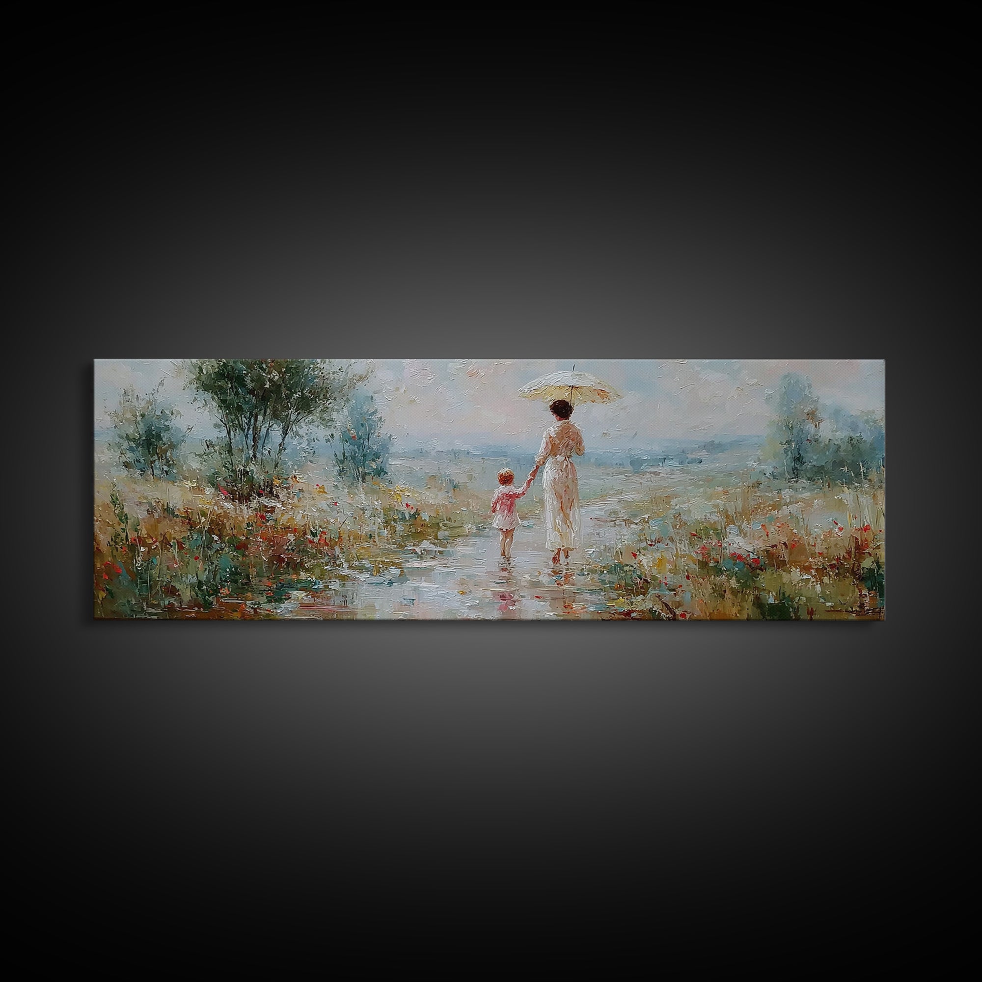 Mother And Child Strolling With Parasol In Misty Meadow Canvas Print, Impressionist Wall Art, Nursery Decor, Housewarming Gift