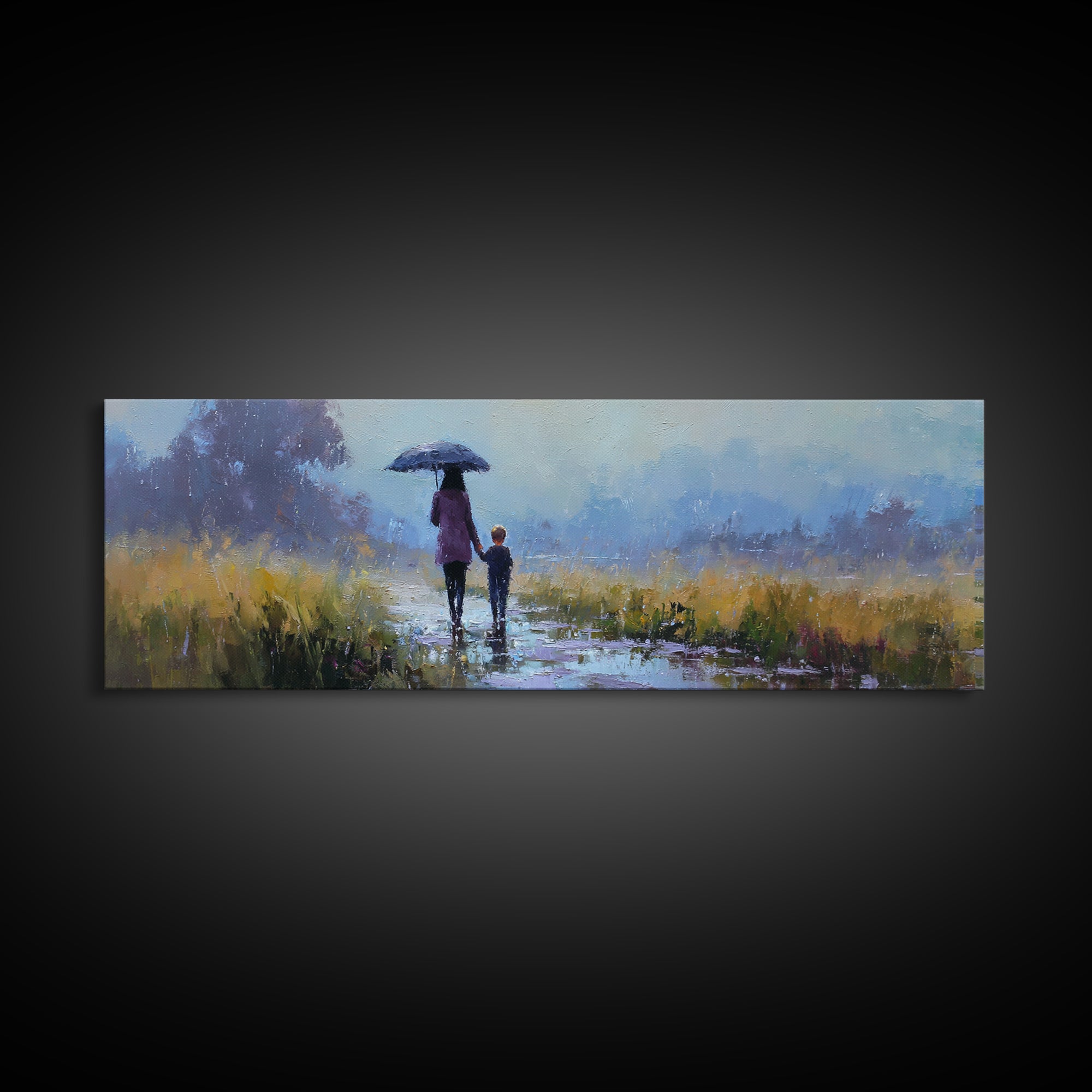 Mother And Son Under Blue Umbrella On Rainy Path Framed Canvas Print, Moody Landscape Wall Art, Bedroom Decor, Gift For Her
