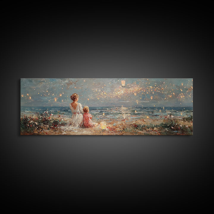 Mother And Child By Ocean Sunset Wall Art, Coastal Seascape Canvas Print, Nursery Decor, Living Room Decor, Gift For Mom, Home Decor