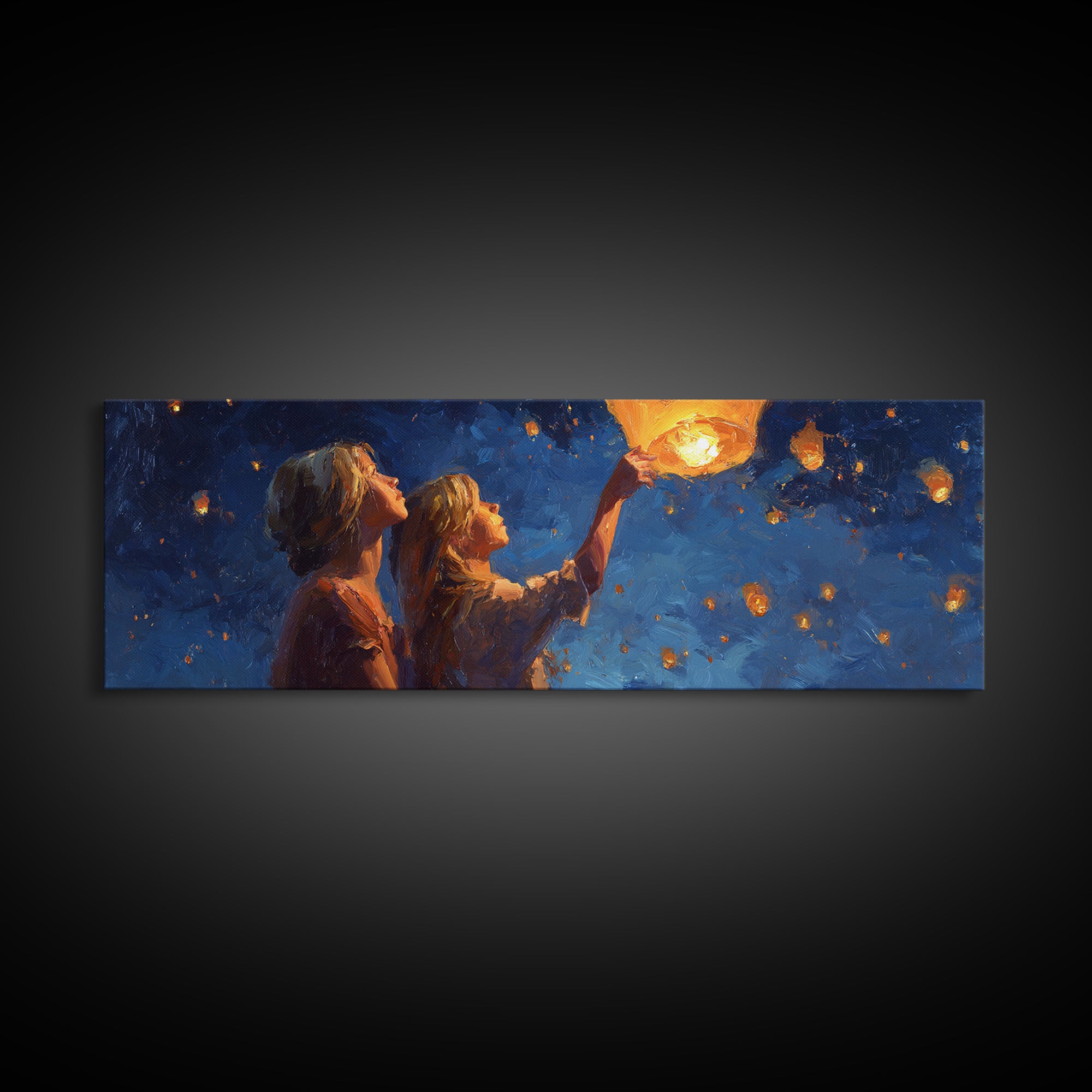 Girls Releasing Lanterns At Starry Night Canvas Print, Celestial Wall Art, Whimsical Decor, Bedroom Decor, Gift For Her, Home Decor