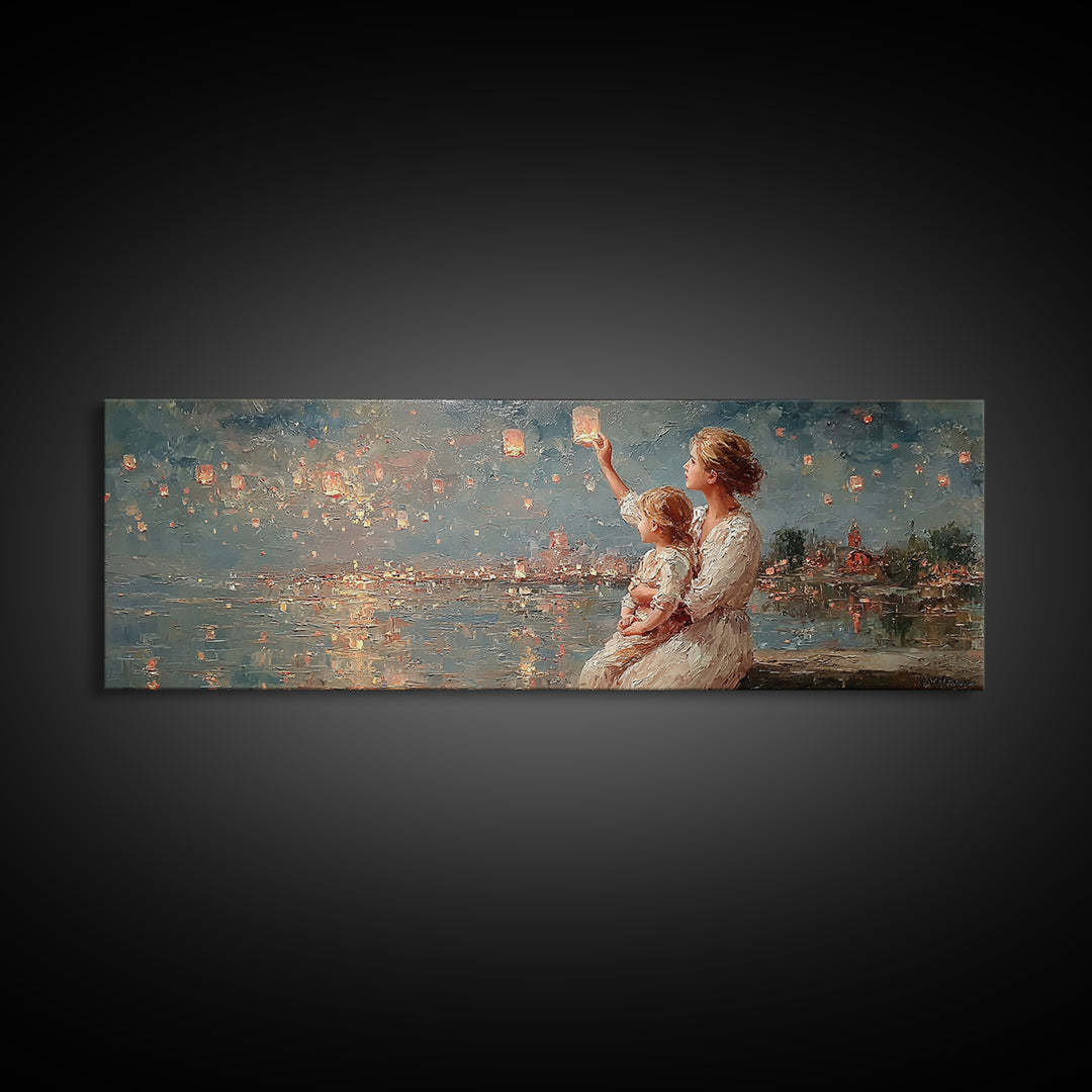 Mother And Baby Lantern Festival Framed Canvas Print, Coastal Wall Art, Romantic Decor, Nursery Art, Housewarming Gift For Her