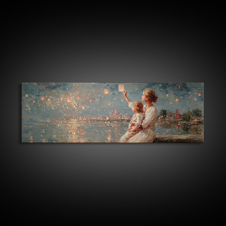 Mother And Baby Lantern Festival Framed Canvas Print, Coastal Wall Art, Romantic Decor, Nursery Art, Housewarming Gift For Her