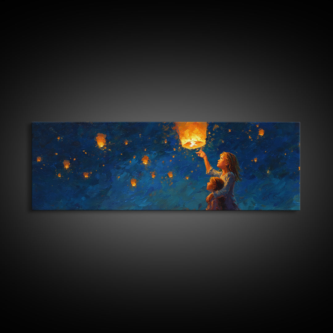 Children Lifting Glowing Sky Lantern Canvas Print, Celestial Wall Art, Kids Room Decor, Whimsical Decor, Nursery Art, Gift For Kids