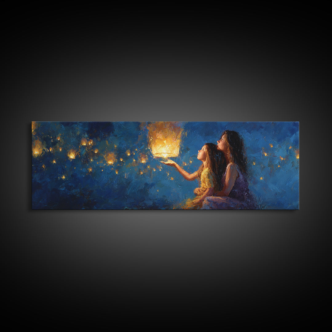 Sisters Holding Lantern Under Blue Night Wall Art, Celestial Canvas Print, Whimsical Decor, Bedroom Wall Art, Gift For Her