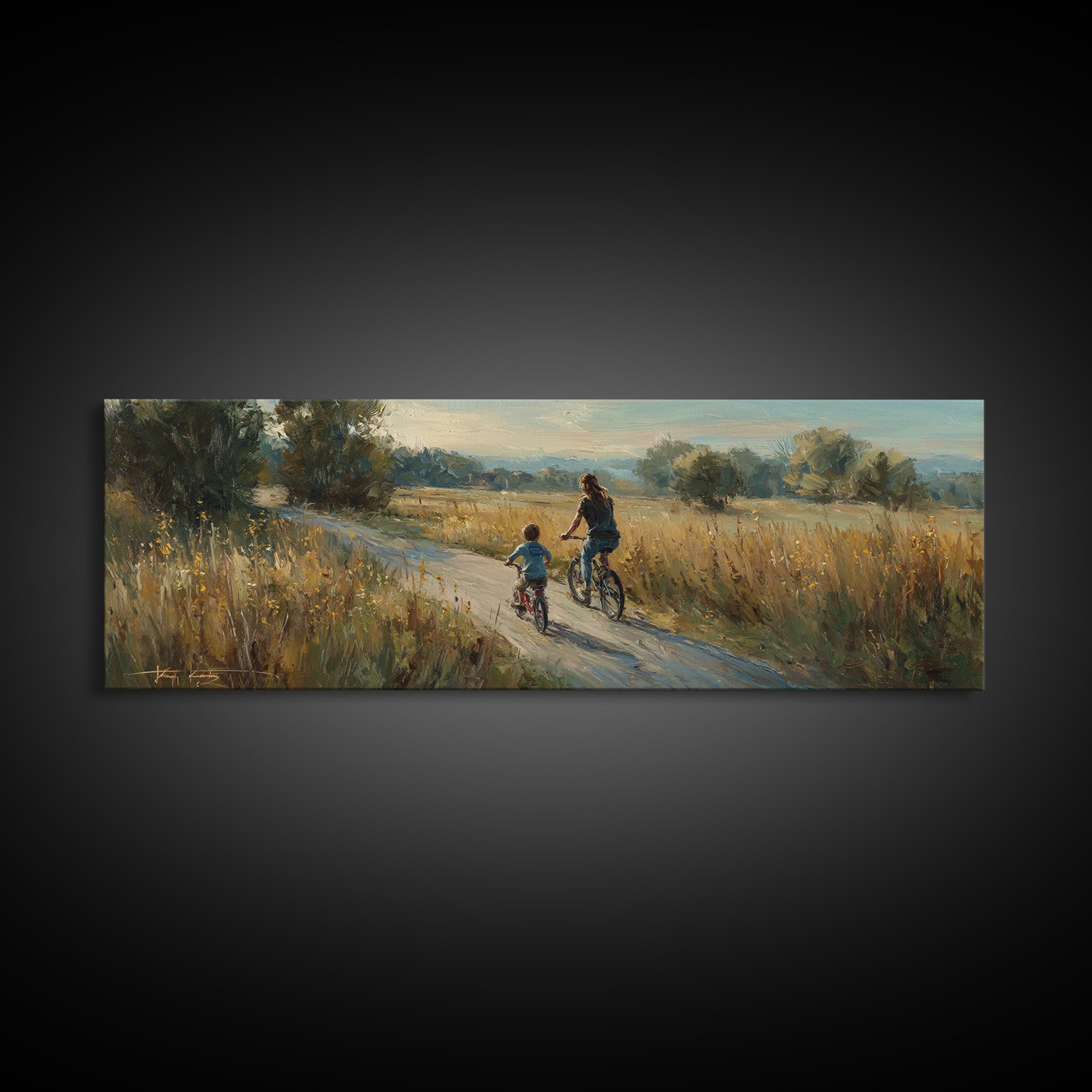 Mother And Child Biking Golden Meadow Canvas Print, Country Landscape Wall Decor, Housewarming Gift, Farmhouse Home Decor