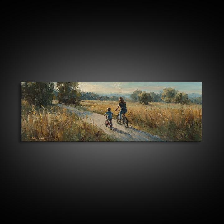 Mother And Child Biking Golden Meadow Canvas Print, Country Landscape Wall Decor, Housewarming Gift, Farmhouse Home Decor
