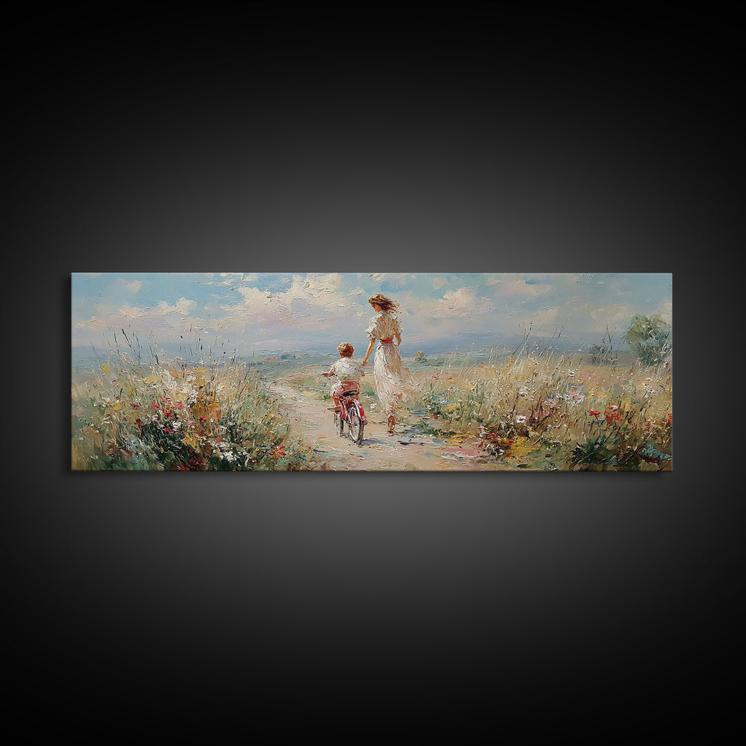 Windy Coastal Bike Ride With Child Canvas Print, Wildflower Meadow Wall Decor, Beach House Decor, Large Horizontal Art Print