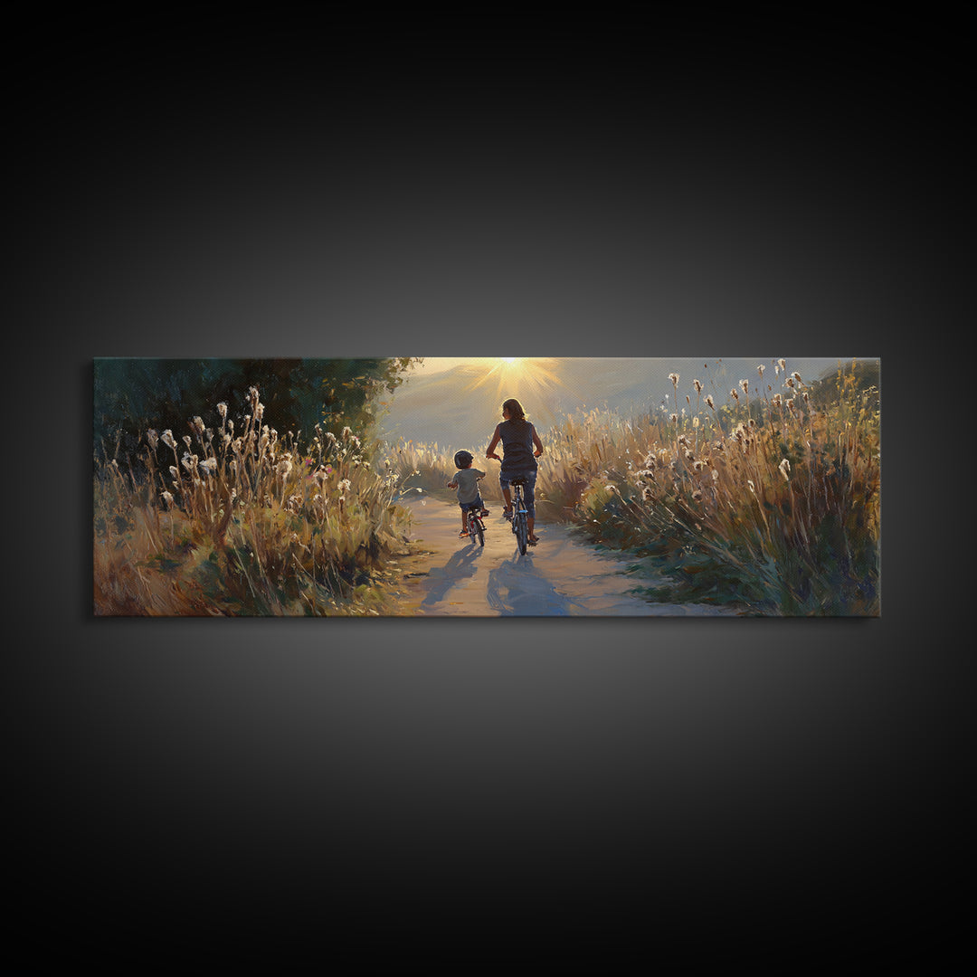 Sunlit Mother And Child Biking Path Framed Canvas Print, Golden Meadow Landscape, Living Room Wall Art, Housewarming Gift