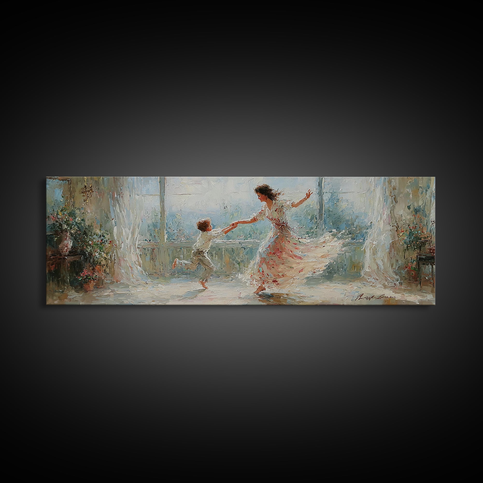 Mother And Child Dancing By Bright Window Wall Art, Impressionist Floral Room, Feminine Bedroom Decor, Gift For Mom, Fine Art Print