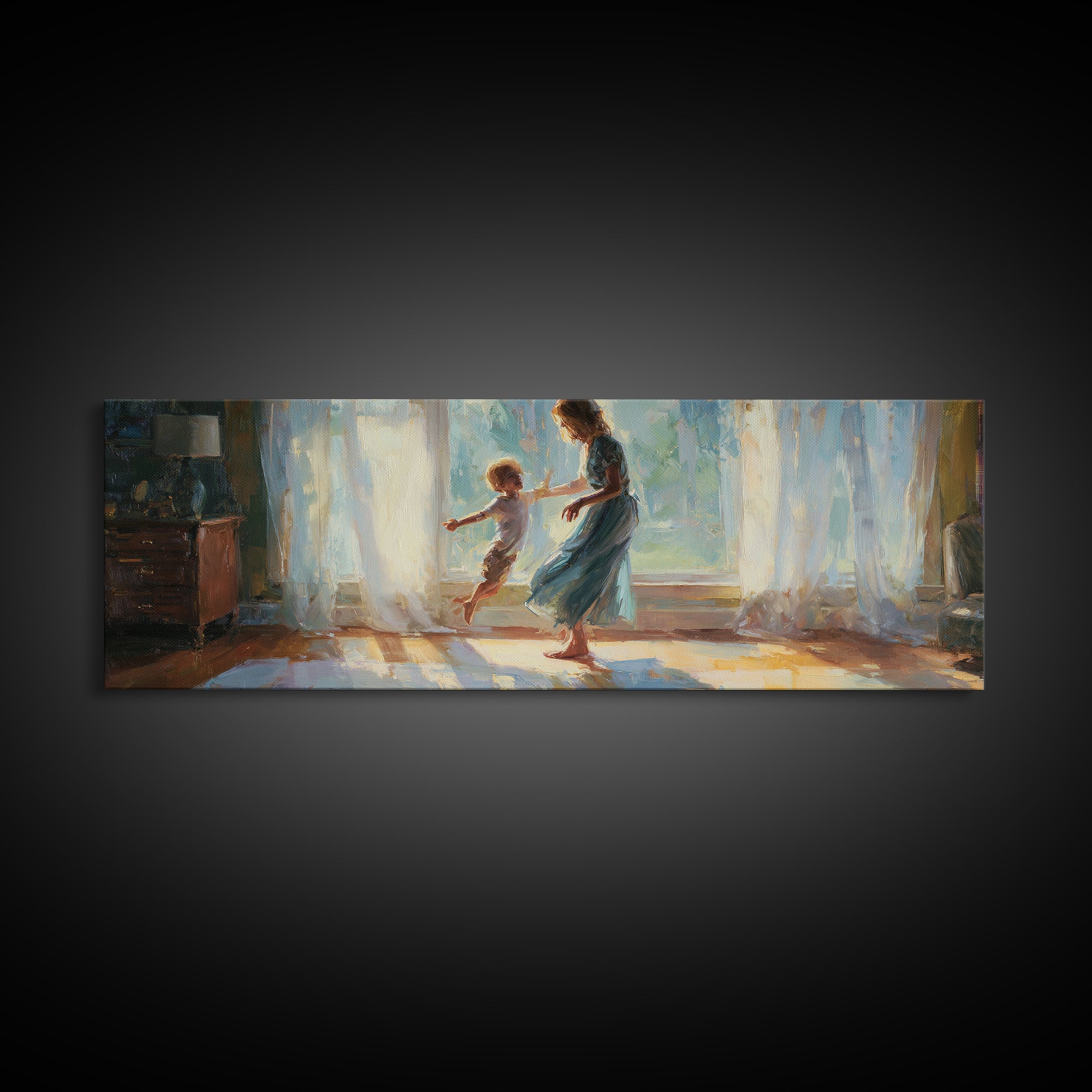 Mother And Child Dancing In Sunlit Room Canvas Print, Warm Window Light, Family Wall Decor, Bedroom Art, Gift For Her, Home Decor