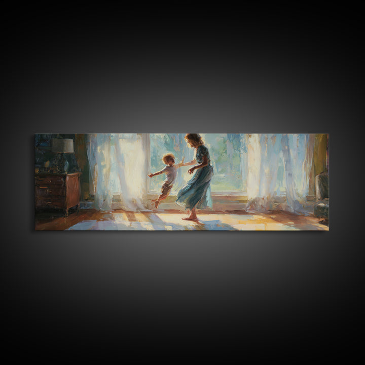 Mother And Child Dancing In Sunlit Room Canvas Print, Warm Window Light, Family Wall Decor, Bedroom Art, Gift For Her, Home Decor