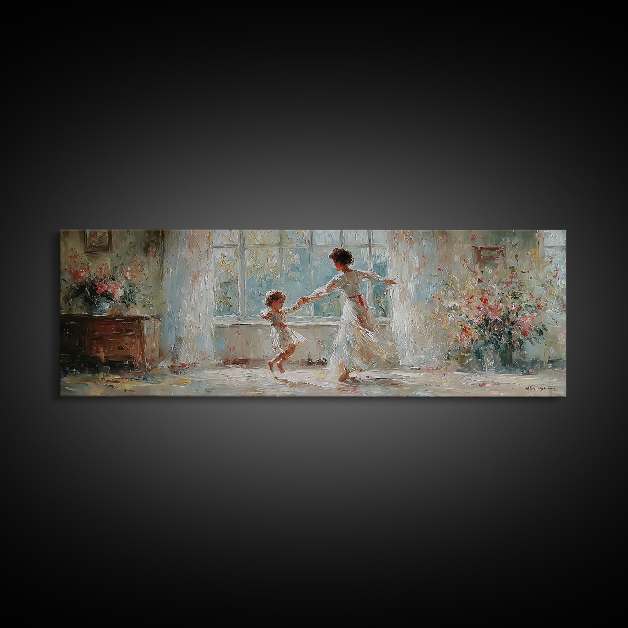 Mother And Daughter Dancing In White Dress Wall Art, Floral Window Interior, Feminine Wall Decor, Fine Art Print, Bedroom Decor