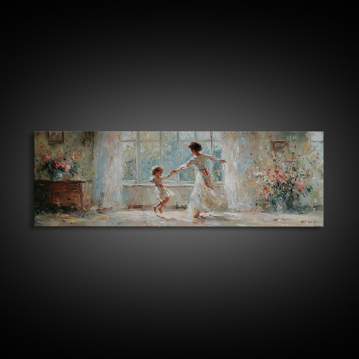 Mother And Daughter Dancing In White Dress Wall Art, Floral Window Interior, Feminine Wall Decor, Fine Art Print, Bedroom Decor