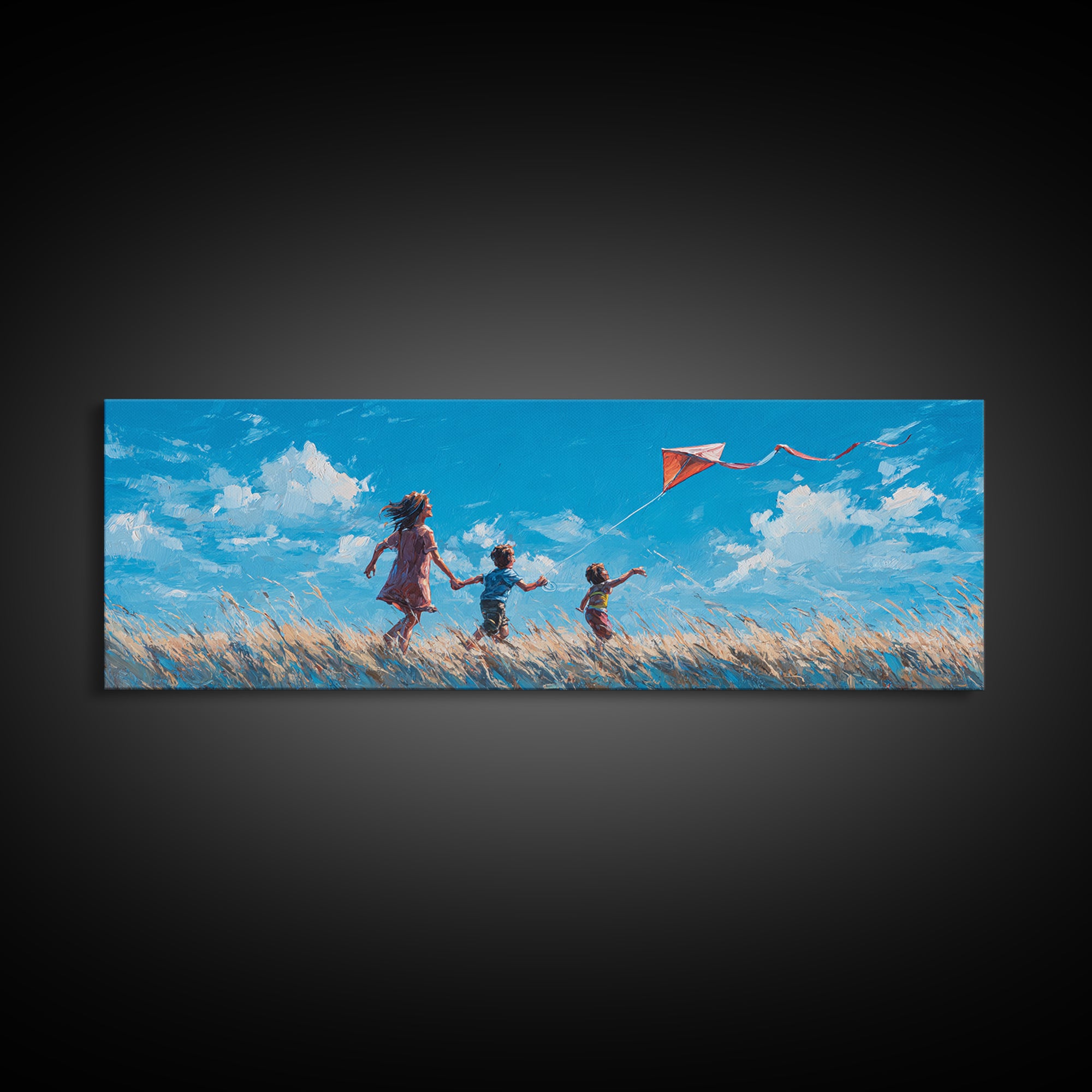 Children Flying Red Kite In Sunny Meadow Wall Art, Whimsical Nursery Decor, Kids Room Art, Summer Landscape Print, Home Decor