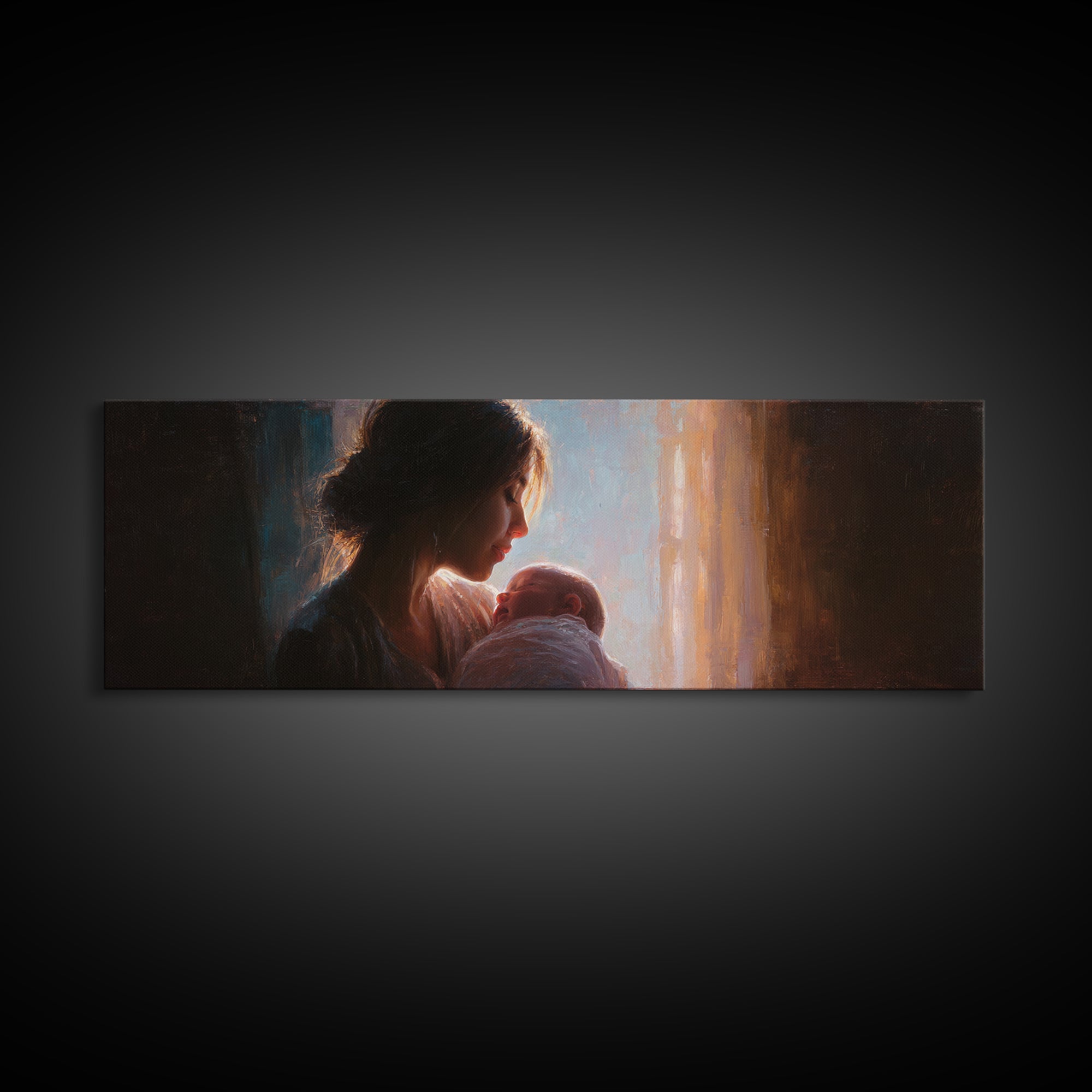 Mother Holding Newborn By Window Wall Art, Tender Motherhood Canvas Print, Baby Nursery Decor, Gift For Mom, Fine Art Print