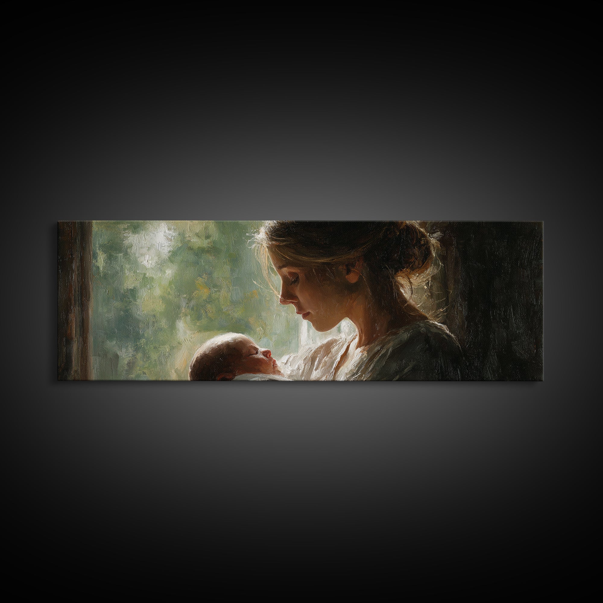 Mother Gazing At Newborn Near Window Framed Canvas Print, Soft Motherhood Wall Art, Baby Nursery Decor, Gift For Mom, Fine Art Print