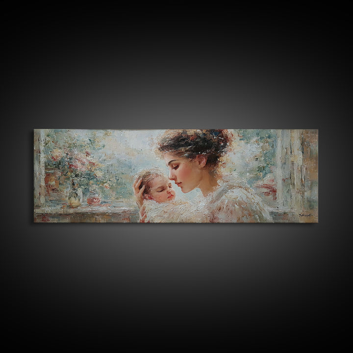 Mother Cuddling Sleeping Baby Near Window Wall Art, Impressionist Motherhood Canvas Print, Floral Nursery Decor, Gift For Mom