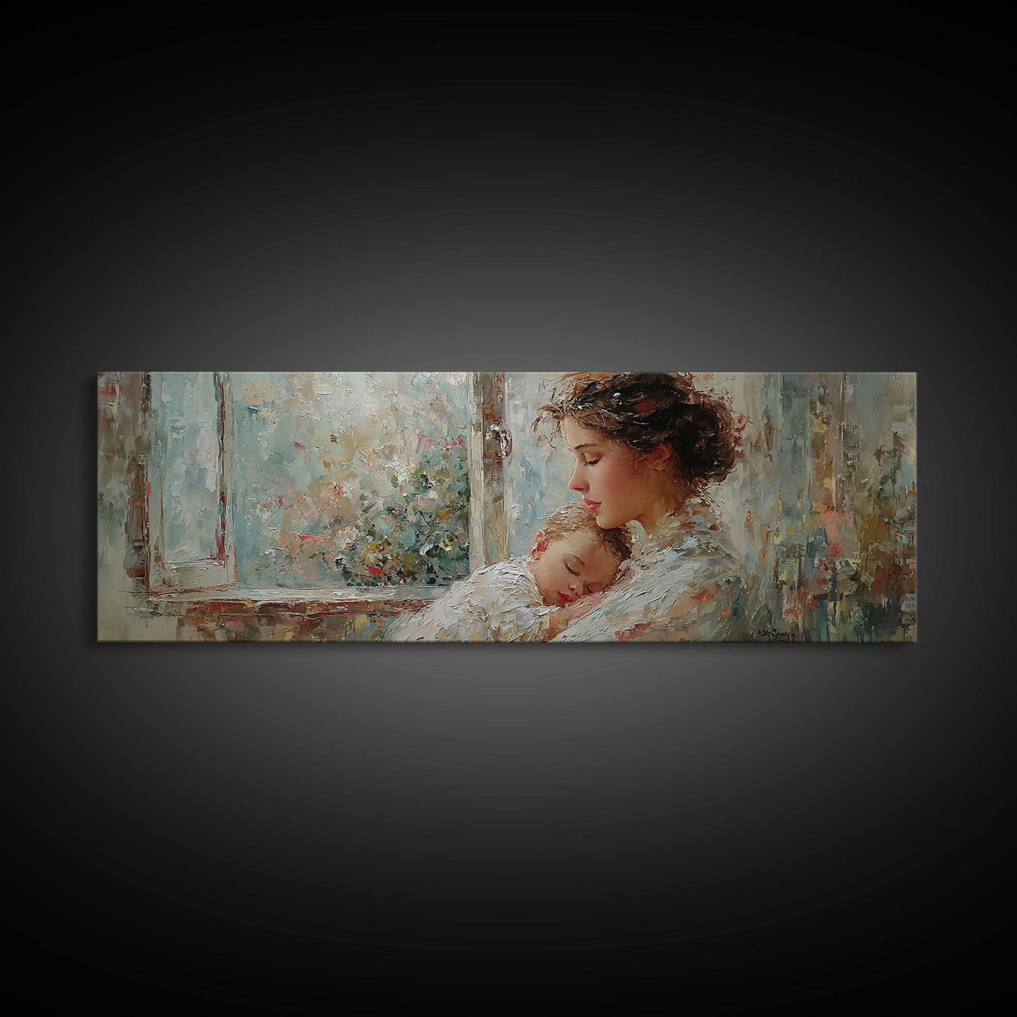 Mother Holding Sleeping Baby By Floral Window Framed Canvas Print, Tender Nursery Wall Art, Motherhood Decor, Gift For Mom