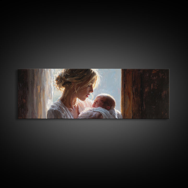 Mother Cradling Newborn In Golden Window Light Wall Art, Tender Motherhood Canvas Print, Baby Nursery Decor, Gift For Mom
