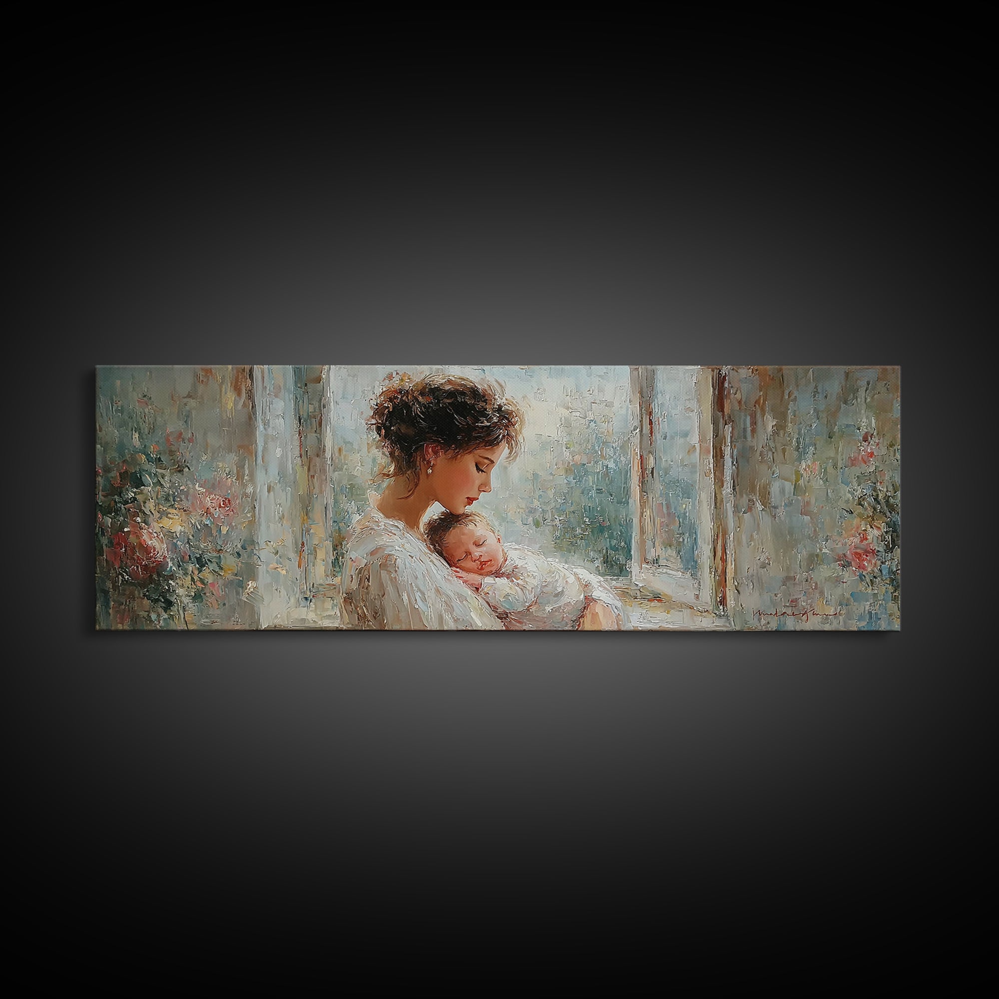 Mother And Sleeping Baby In Floral Window Canvas Print, Soft Motherhood Wall Art, Nursery Decor, Gift For Mom, Fine Art Print