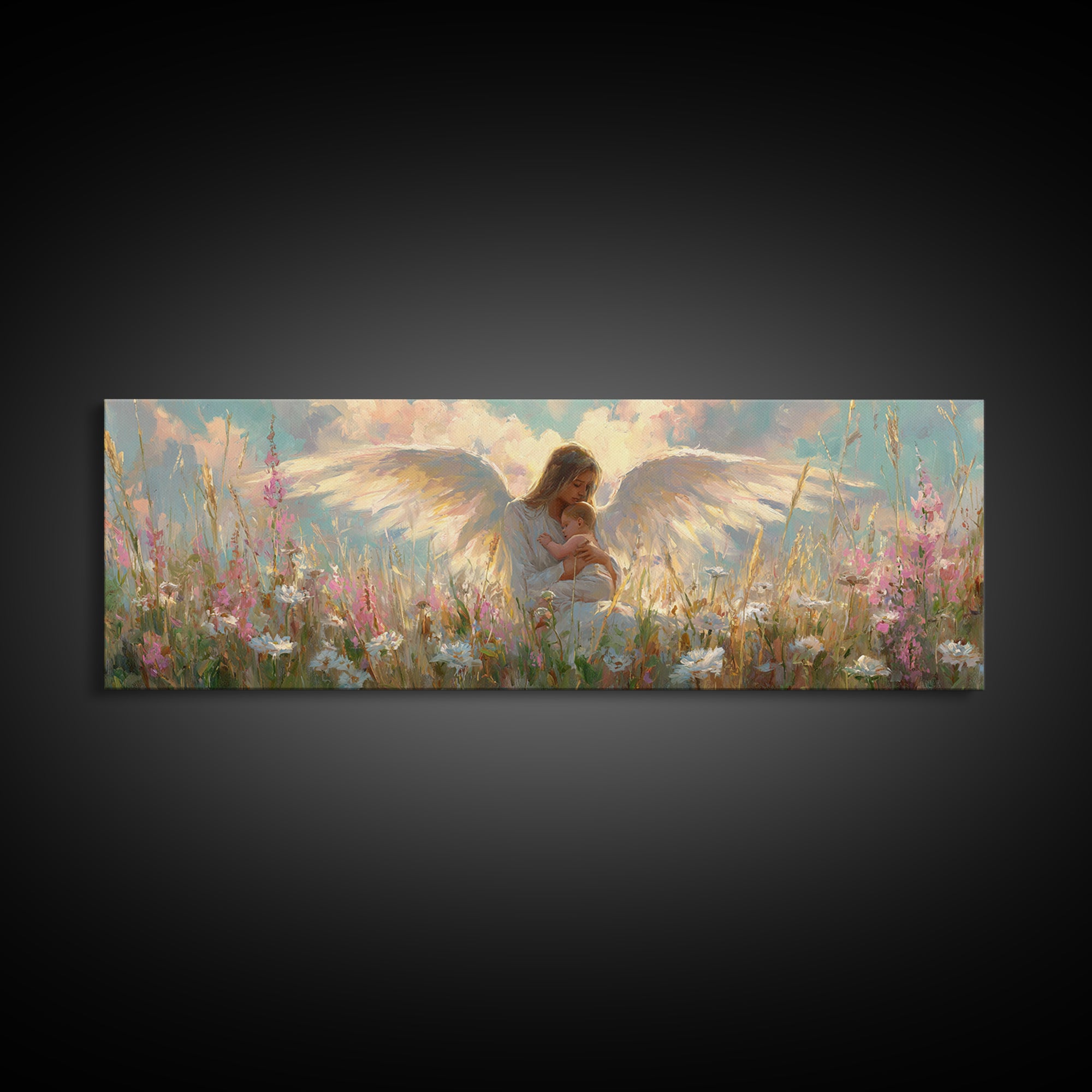 Angel Mother And Child In Wildflower Meadow Wall Art, Christian Nursery Decor, Feminine Spiritual Gift For Her, Living Room Decor