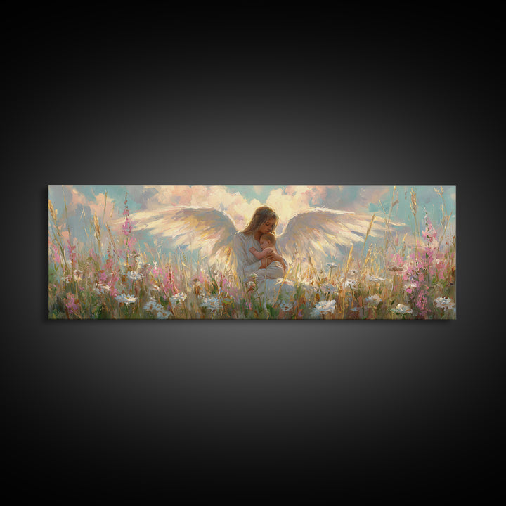 Angel Mother And Child In Wildflower Meadow Wall Art, Christian Nursery Decor, Feminine Spiritual Gift For Her, Living Room Decor