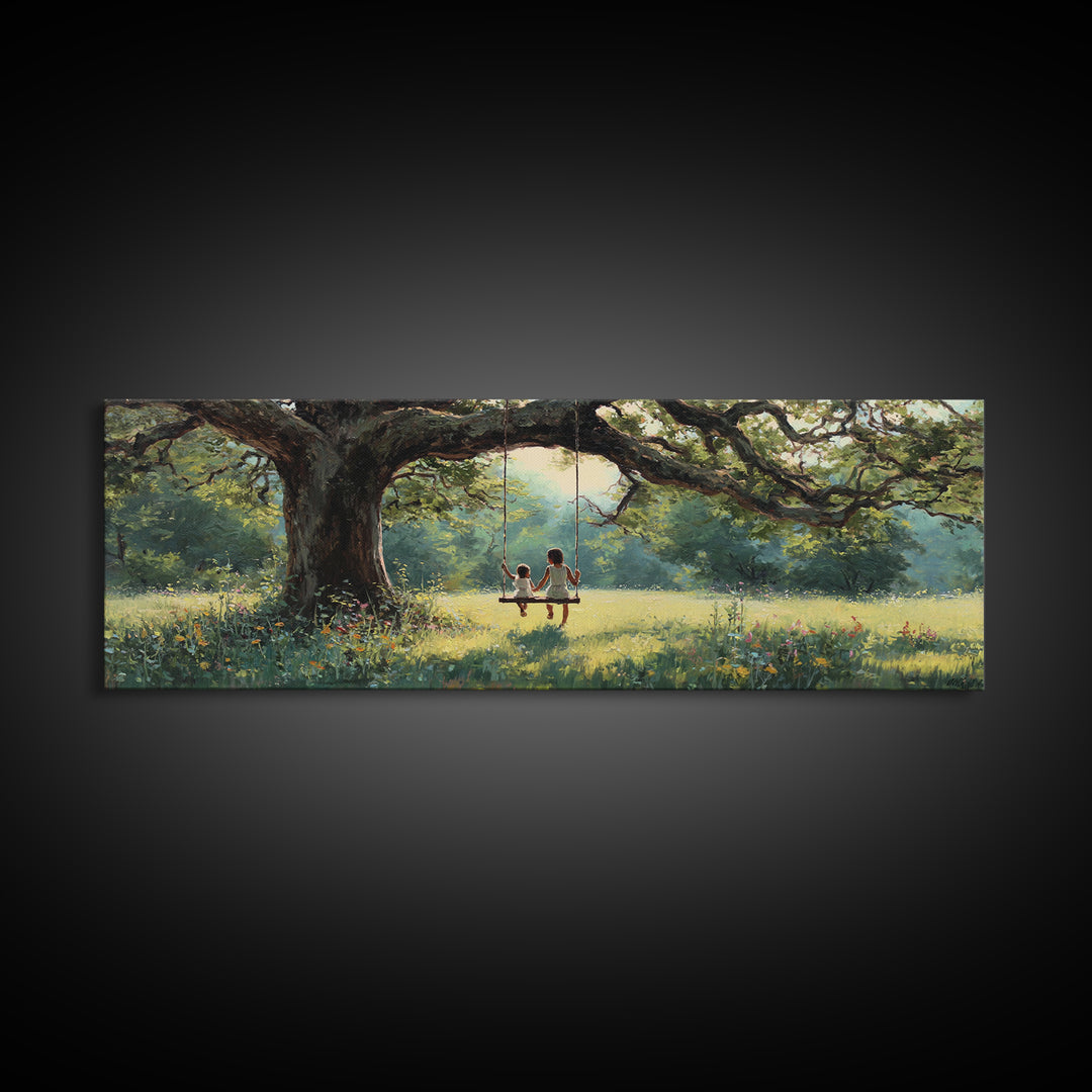Children On Tree Swing Beneath Ancient Oak Wall Art, Whimsical Nursery Decor, Woodland Kids Room Art, Housewarming Gift Idea